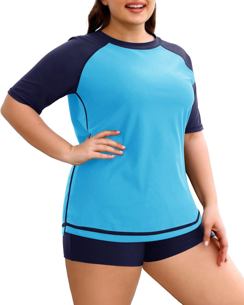 Holipick Two Piece Women Plus Size Rash Guard Short Sleeve Swim Shirts and Shorts UPF 50+ Rashguard Swimsuit - Image 2